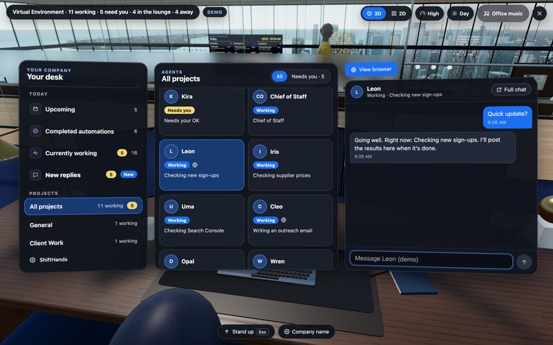 The boss-desk view showing projects, agent statuses and an open agent chat.