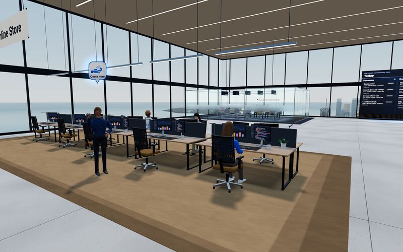 Agents at desks in the Online Store project area, with the glass-walled Automations room behind them.