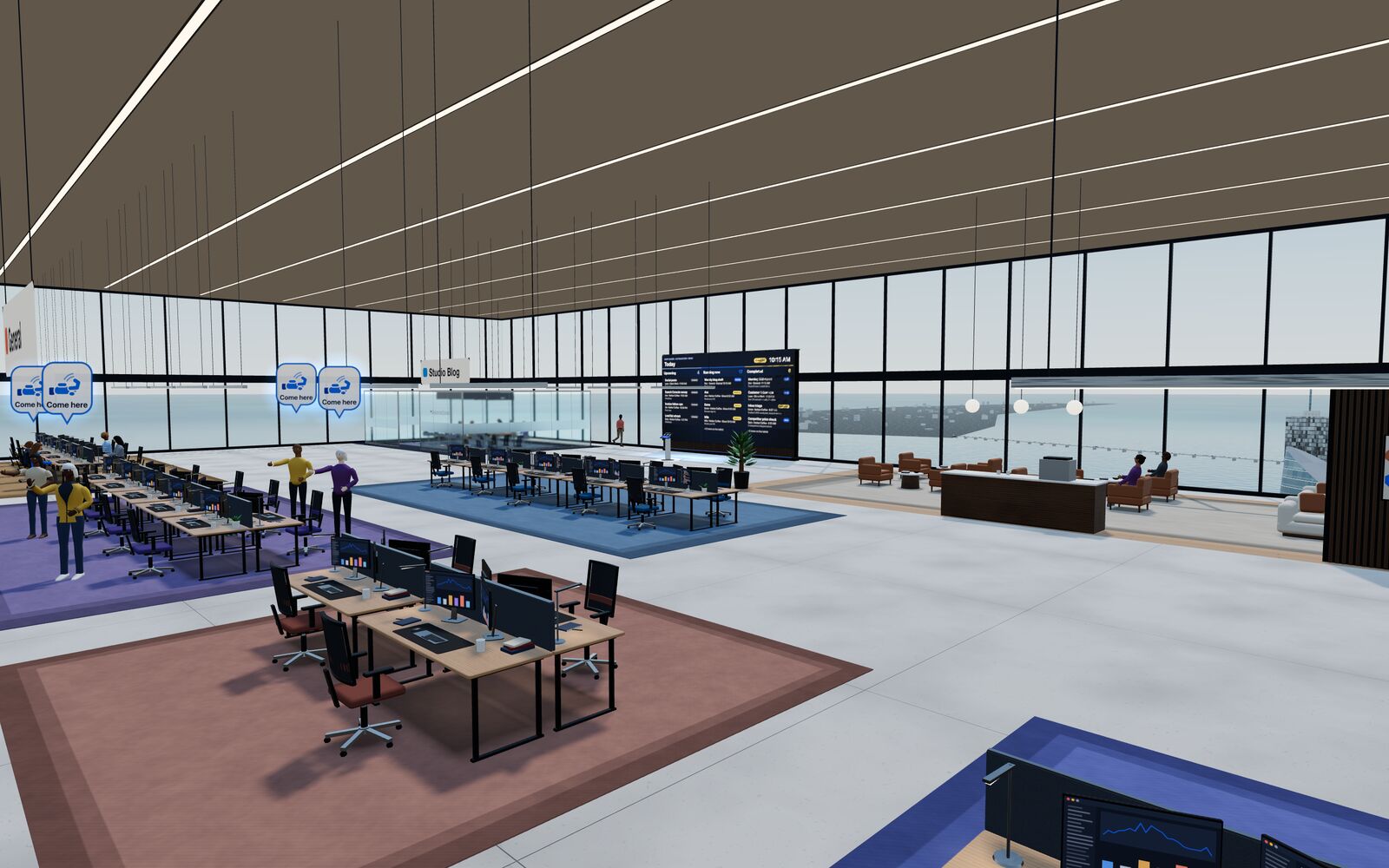 The ShiftHands 3D office with agents at desks grouped by project, the Automations Wall, a lounge and bay-view windows.