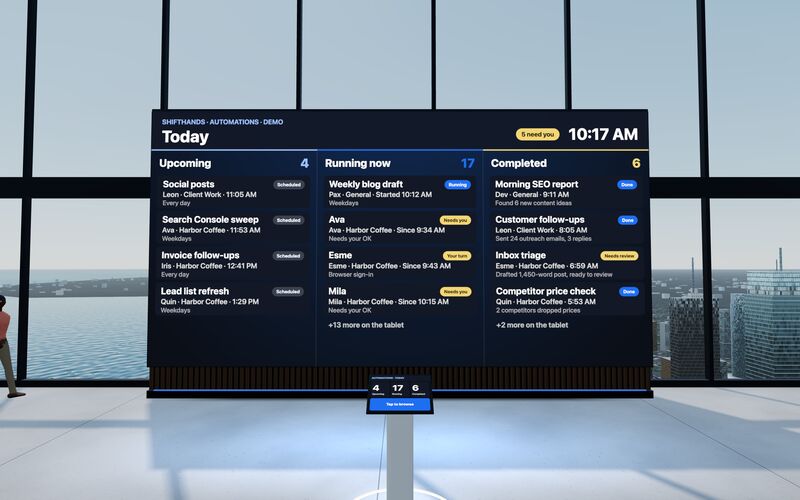 The Automations Wall showing Upcoming, Running now and Completed automations, with a tablet podium in front.